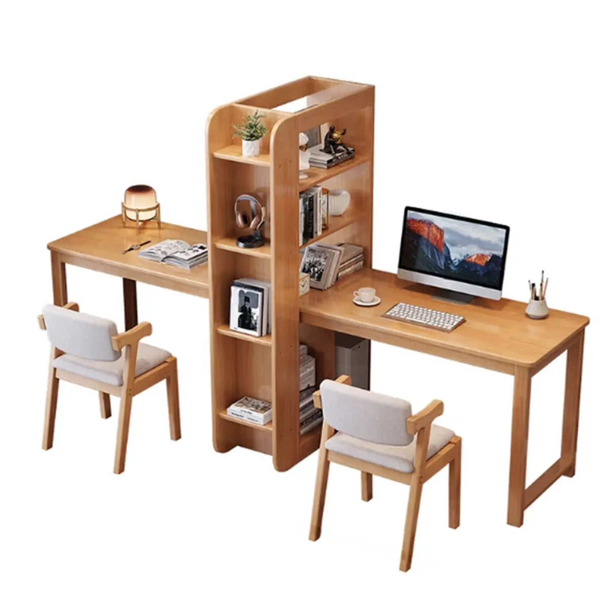 Natural Rubberwood Writing Desk with Side Storage — Without Chairs / White/ Wood