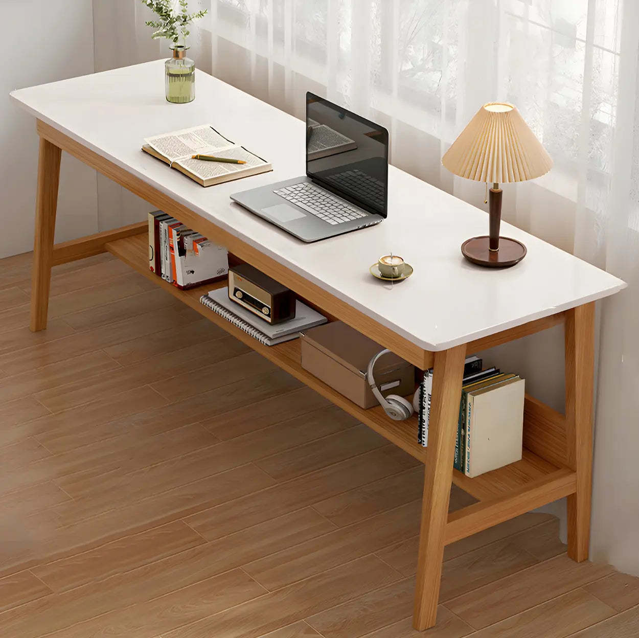 Natural Rubberwood Writing Desk with Shelf — Nut-Brown / Table Only
