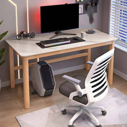 Natural Stone Rubberwood Gaming Desk — White-Gray / Table Only