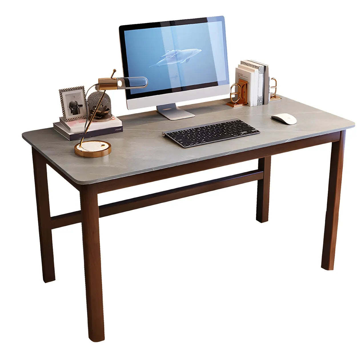 Natural Stone Rubberwood Gaming Desk — White-Brown / Table Only