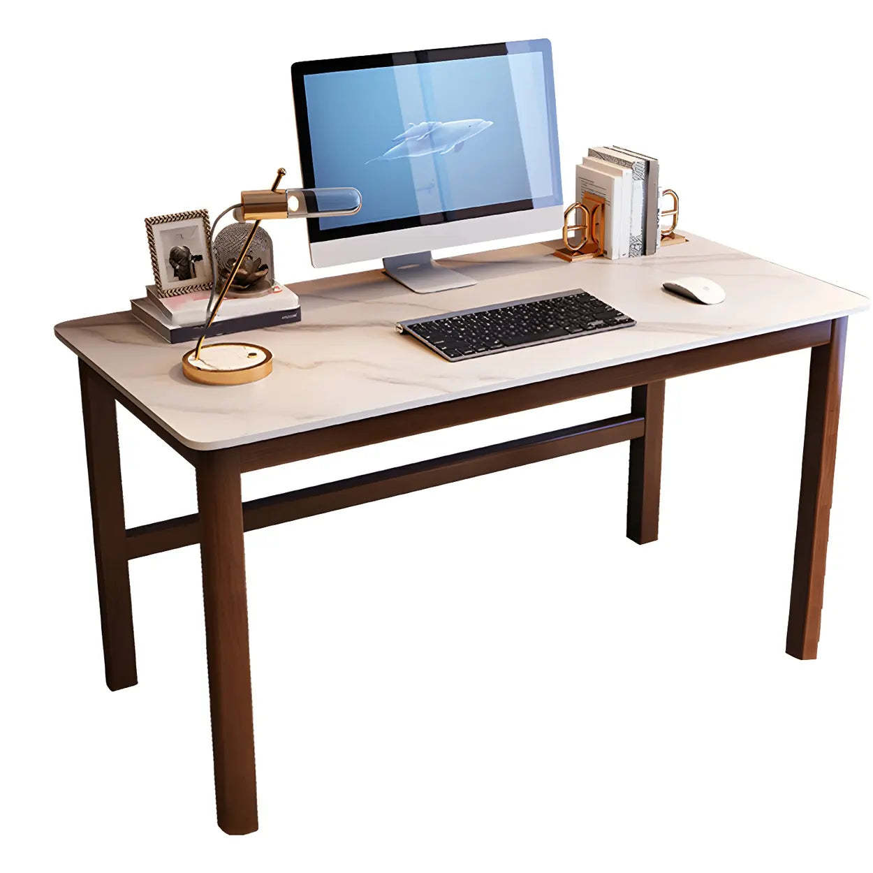 Natural Stone Rubberwood Gaming Desk — White-Brown / Table Only