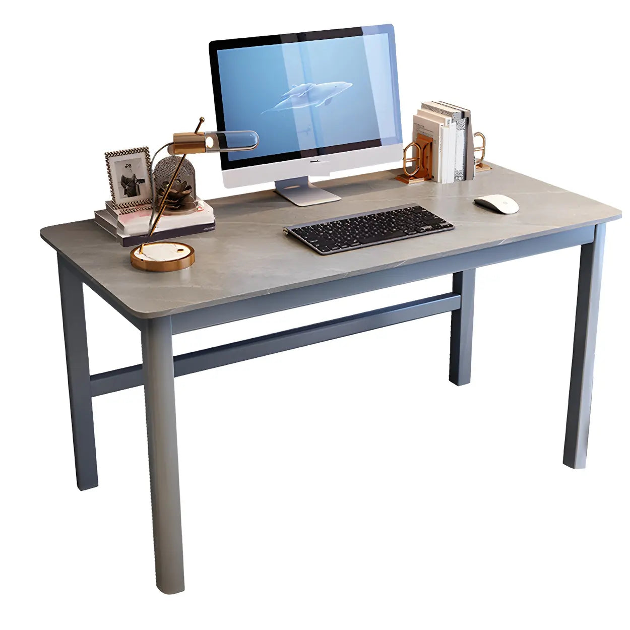 Natural Stone Rubberwood Gaming Desk — White-Gray / Table Only