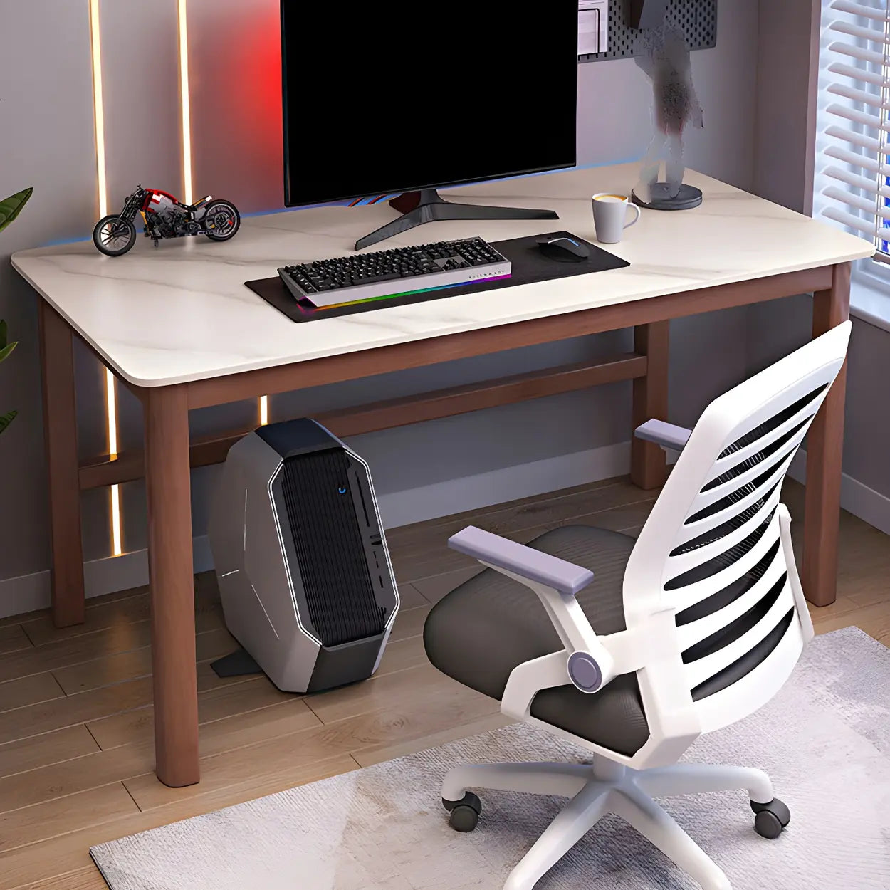 Natural Stone Rubberwood Gaming Desk — White-Gray / Table Only