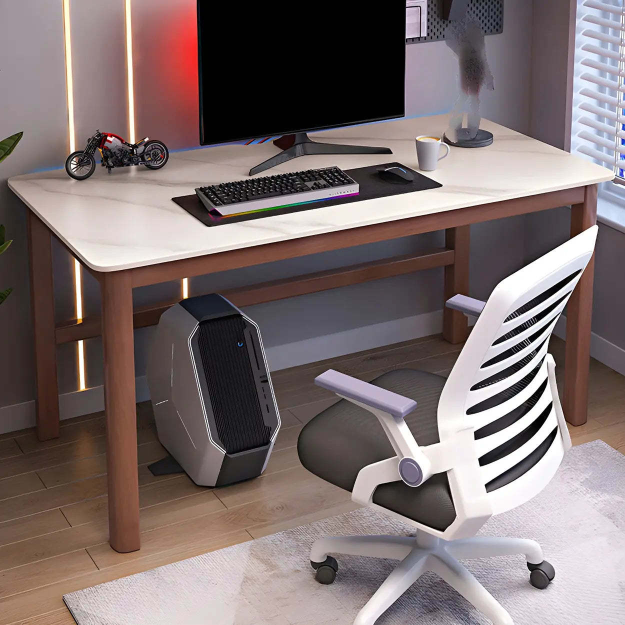 Natural Stone Rubberwood Gaming Desk — White-Gray / Table Only