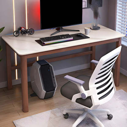 Natural Stone Rubberwood Gaming Desk — White-Gray / Table Only
