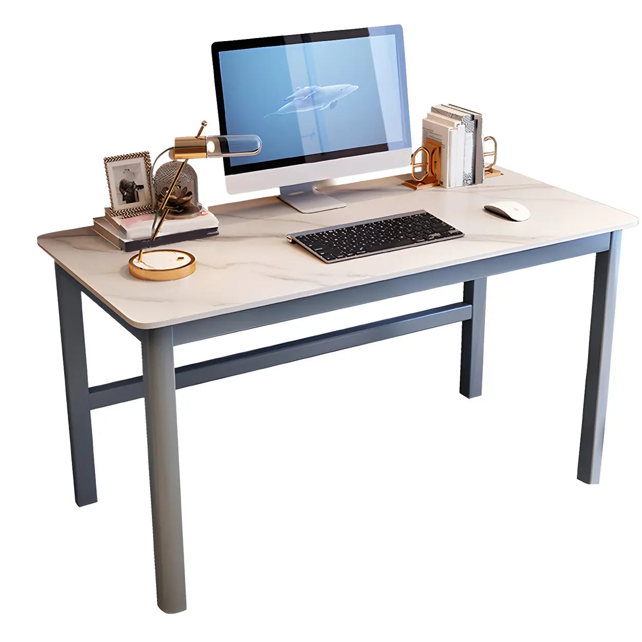 Natural Stone Rubberwood Gaming Desk — White-Black / Table Only