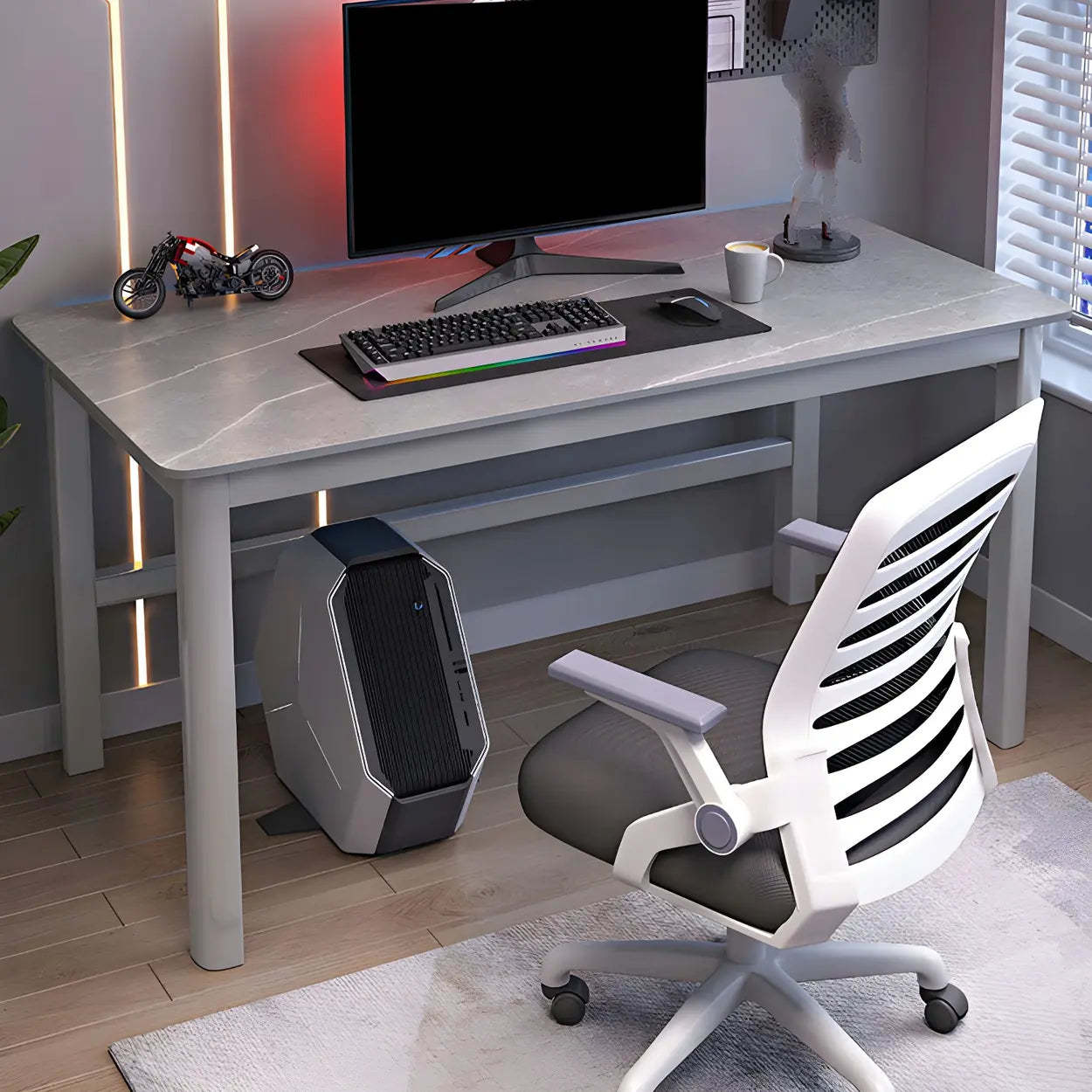 Natural Stone Rubberwood Gaming Desk — White-Black / Table Only