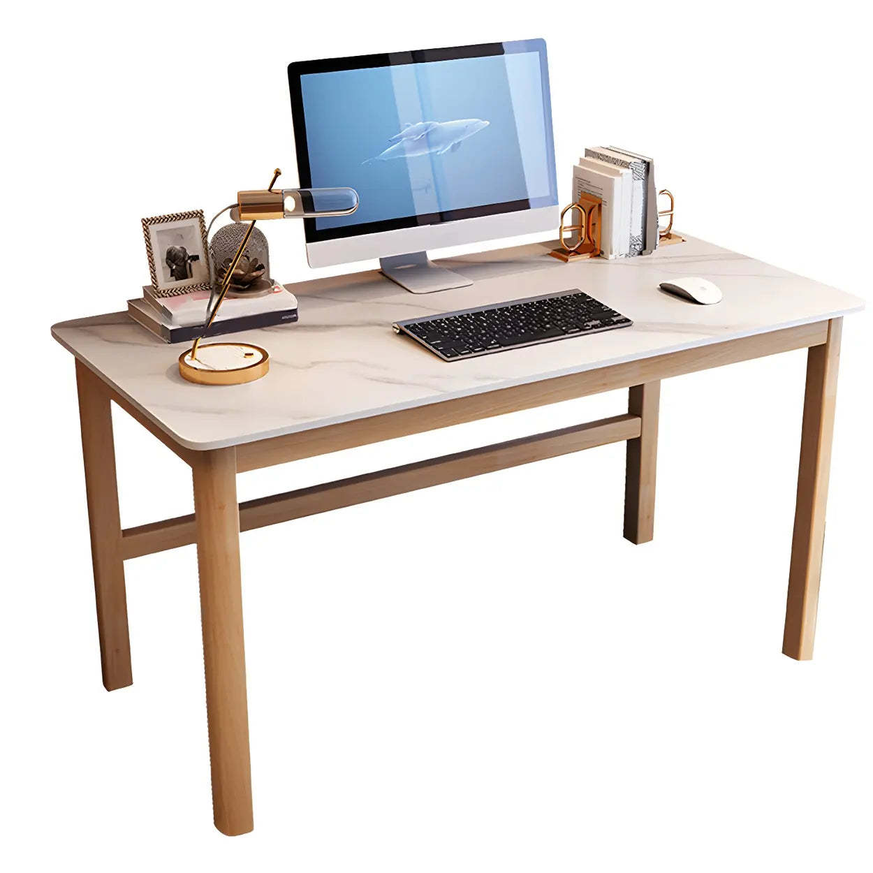 Natural Stone Rubberwood Gaming Desk — White-Black / Table Only