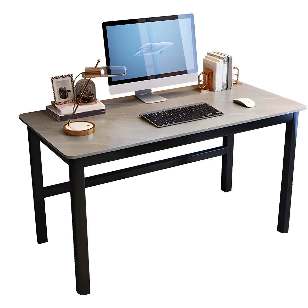 Natural Stone Rubberwood Gaming Desk — White-Brown / Table Only