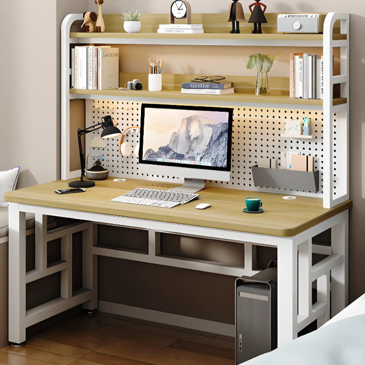 Natural Timber Computer Desk with Shelves