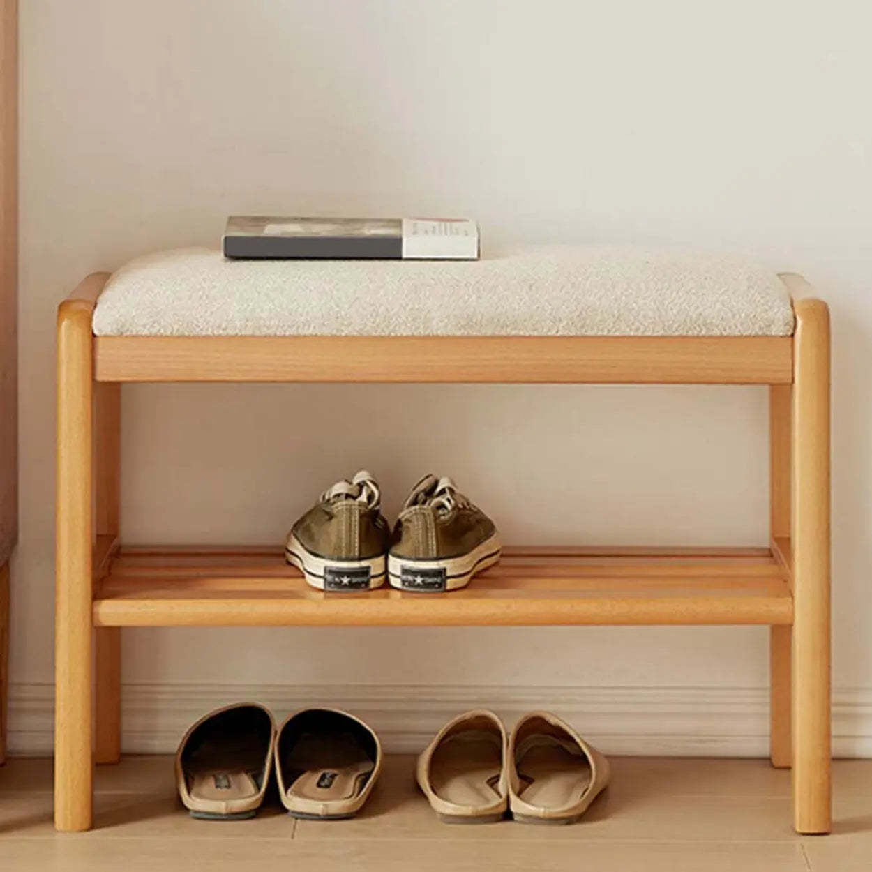 Upholstered Entryway Bench with Shoe Shelf — White