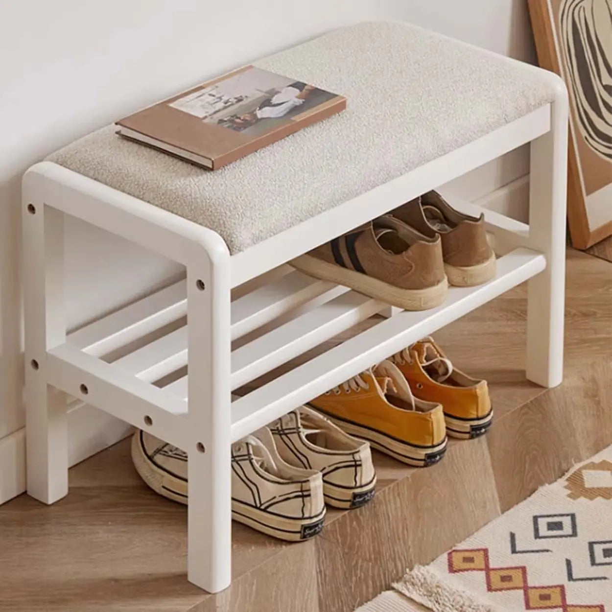 Upholstered Entryway Bench with Shoe Shelf — White