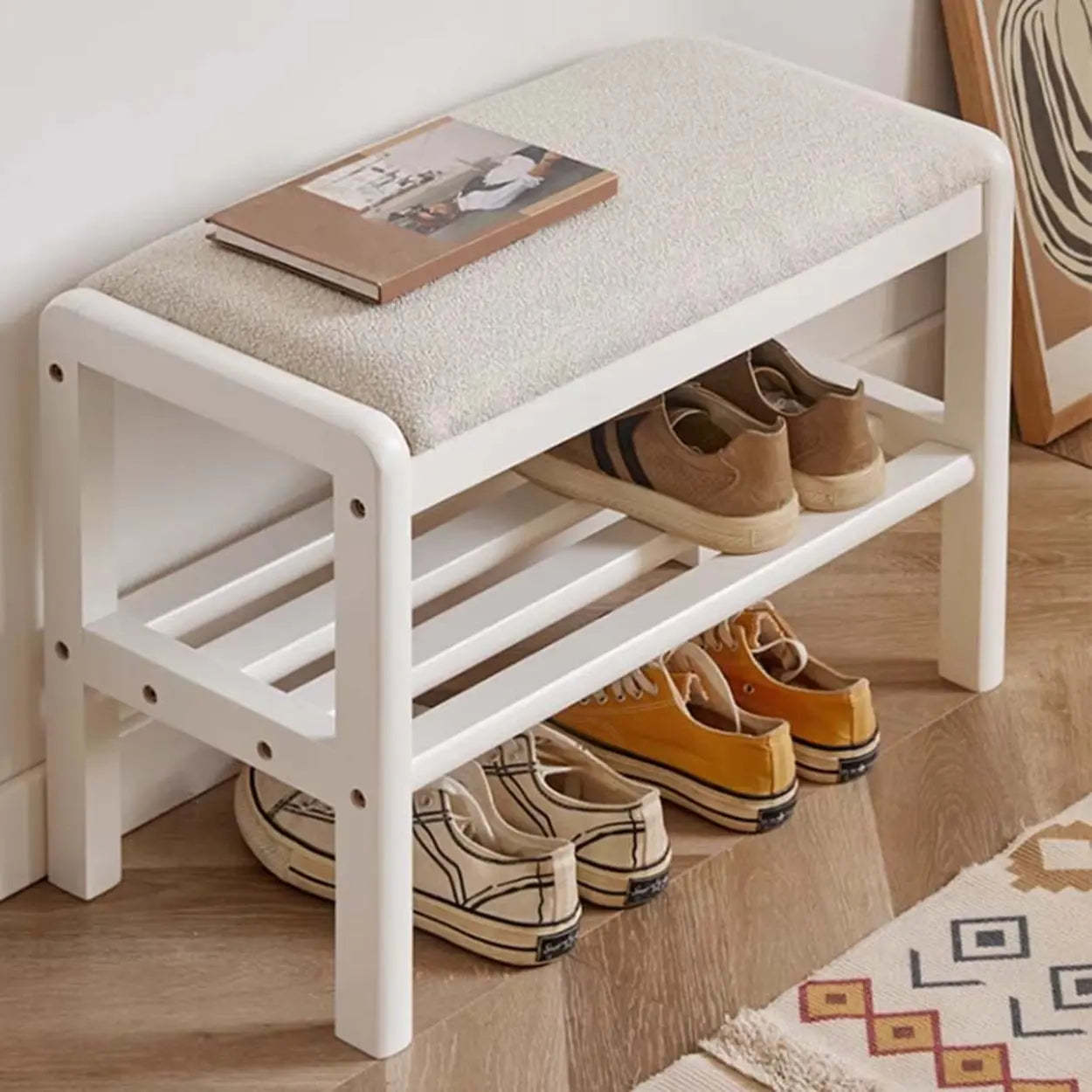 Upholstered Entryway Bench with Shoe Shelf — White