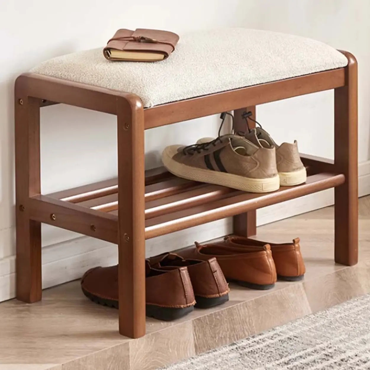 Upholstered Entryway Bench with Shoe Shelf — Natural