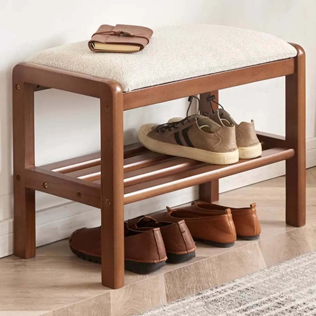 Upholstered Entryway Bench with Shoe Shelf — Natural