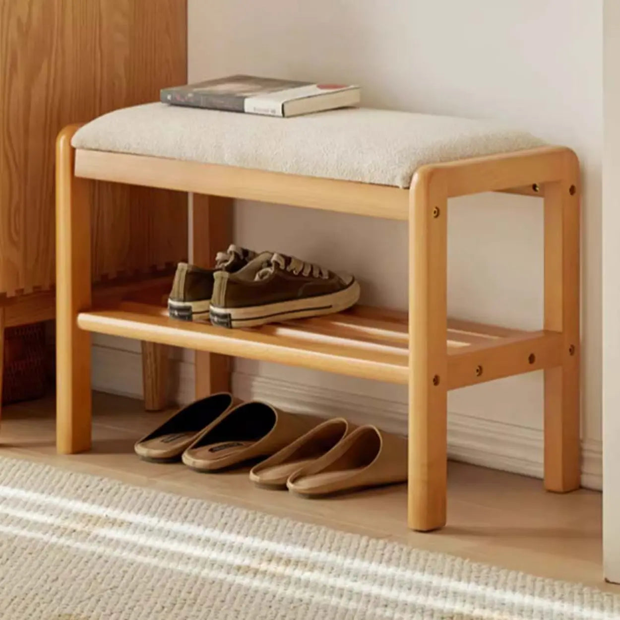 Upholstered Entryway Bench with Shoe Shelf — Natural