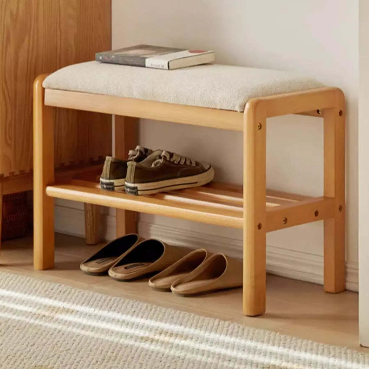 Upholstered Entryway Bench with Shoe Shelf — Natural