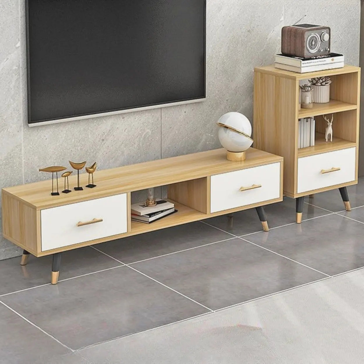 Natural-White Open Storage Drawer TV Stand