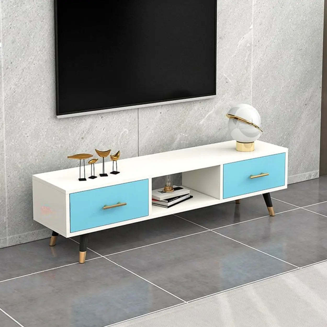 Natural-White Open Storage Drawer TV Stand