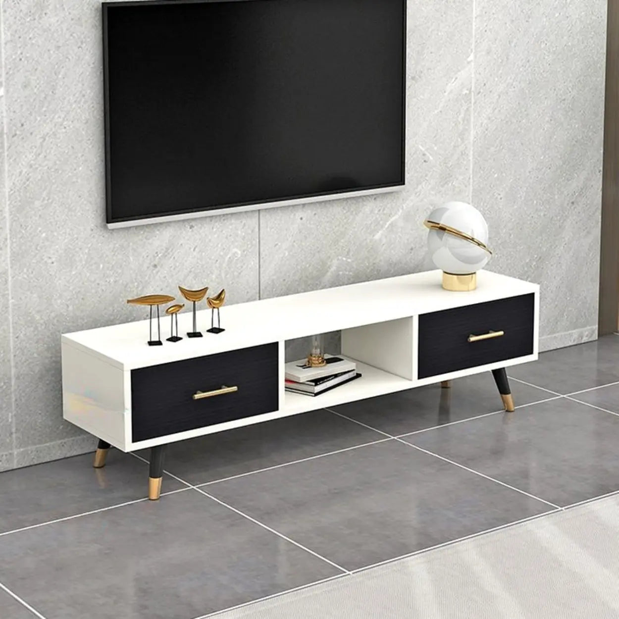 Natural-White Open Storage Drawer TV Stand