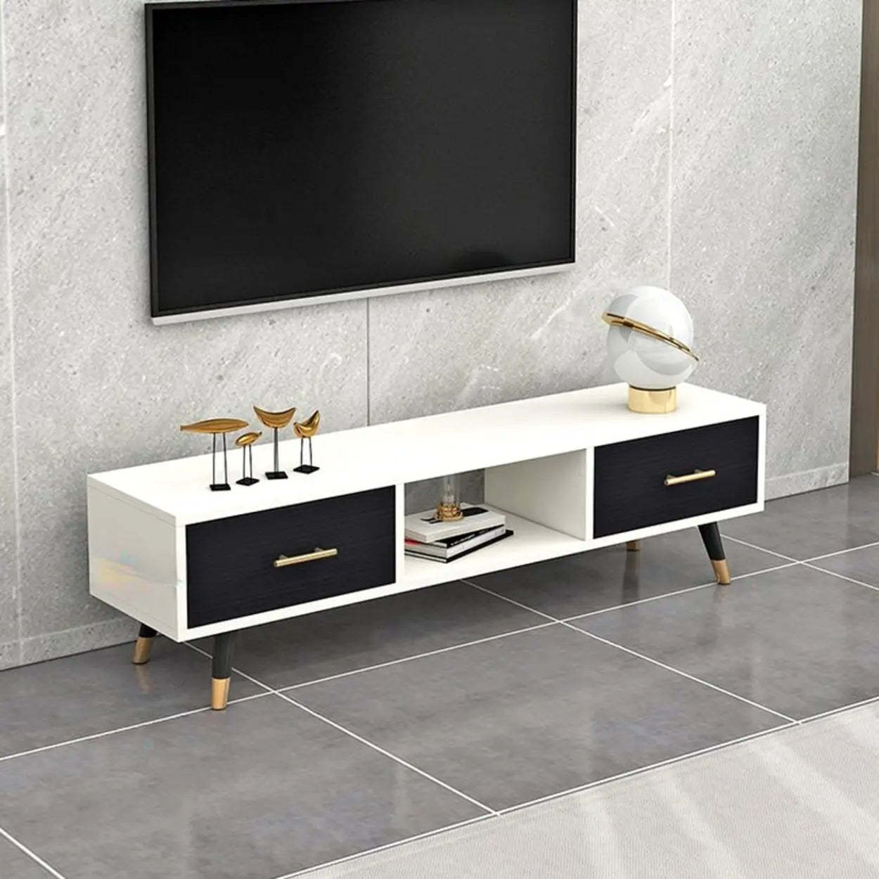 Natural-White Open Storage Drawer TV Stand