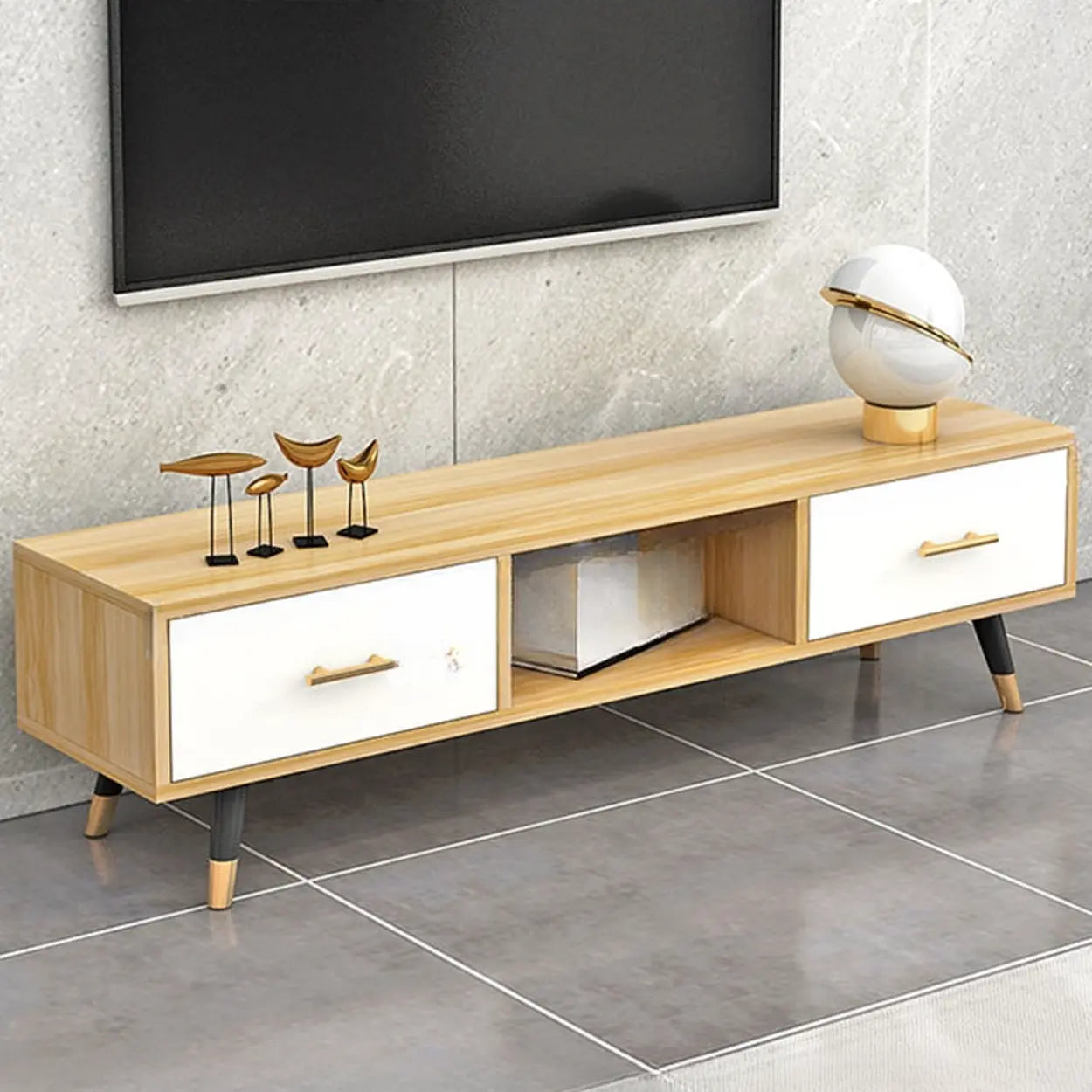 Natural-White Open Storage Drawer TV Stand