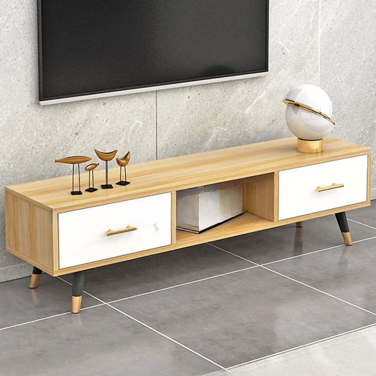 Natural-White Open Storage Drawer TV Stand