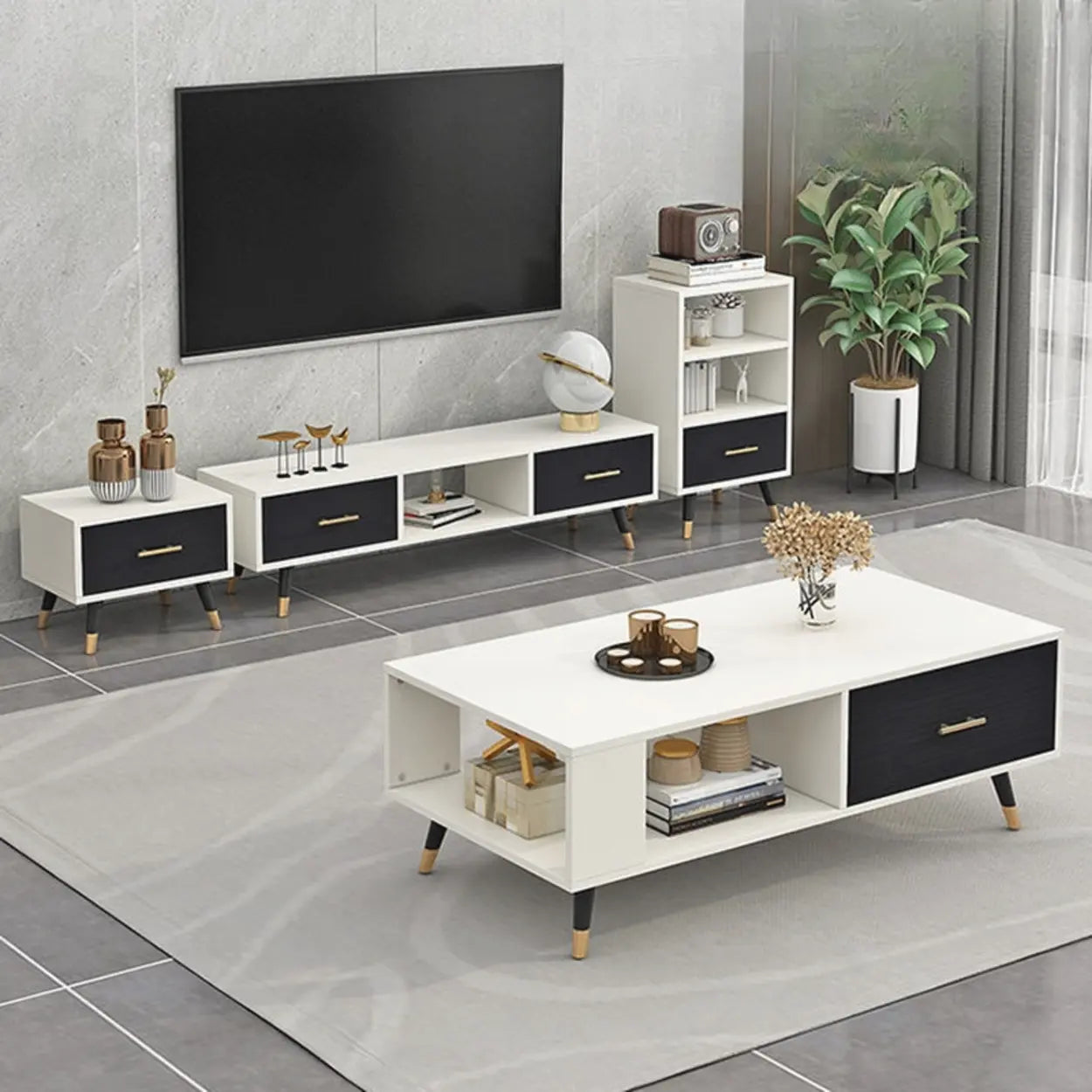 Natural-White Open Storage Drawer TV Stand
