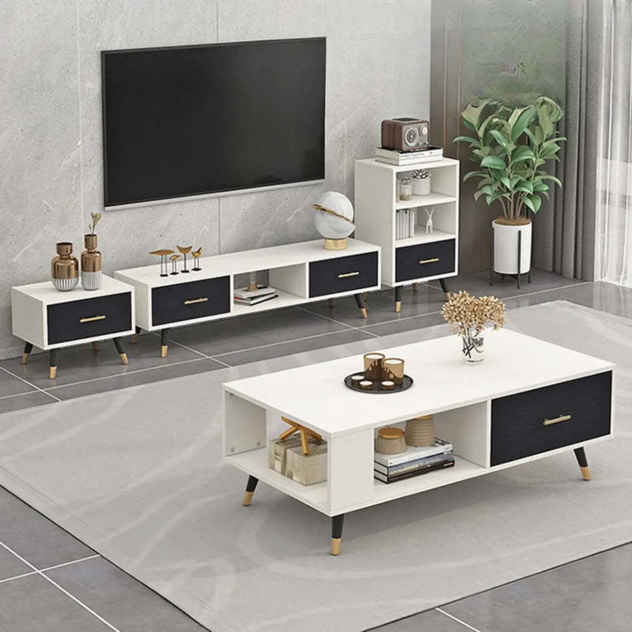 Natural-White Open Storage Drawer TV Stand