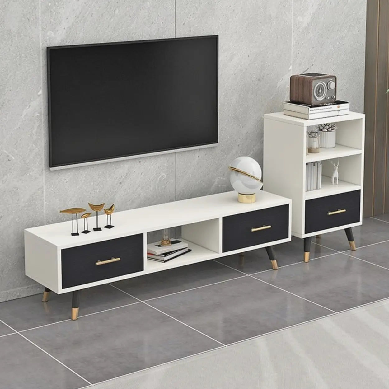 Natural-White Open Storage Drawer TV Stand
