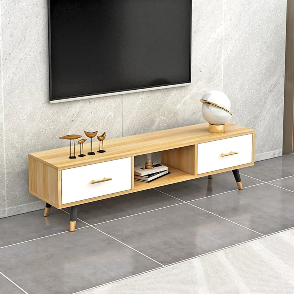 Natural-White Open Storage Drawer TV Stand — White/ Light Gray