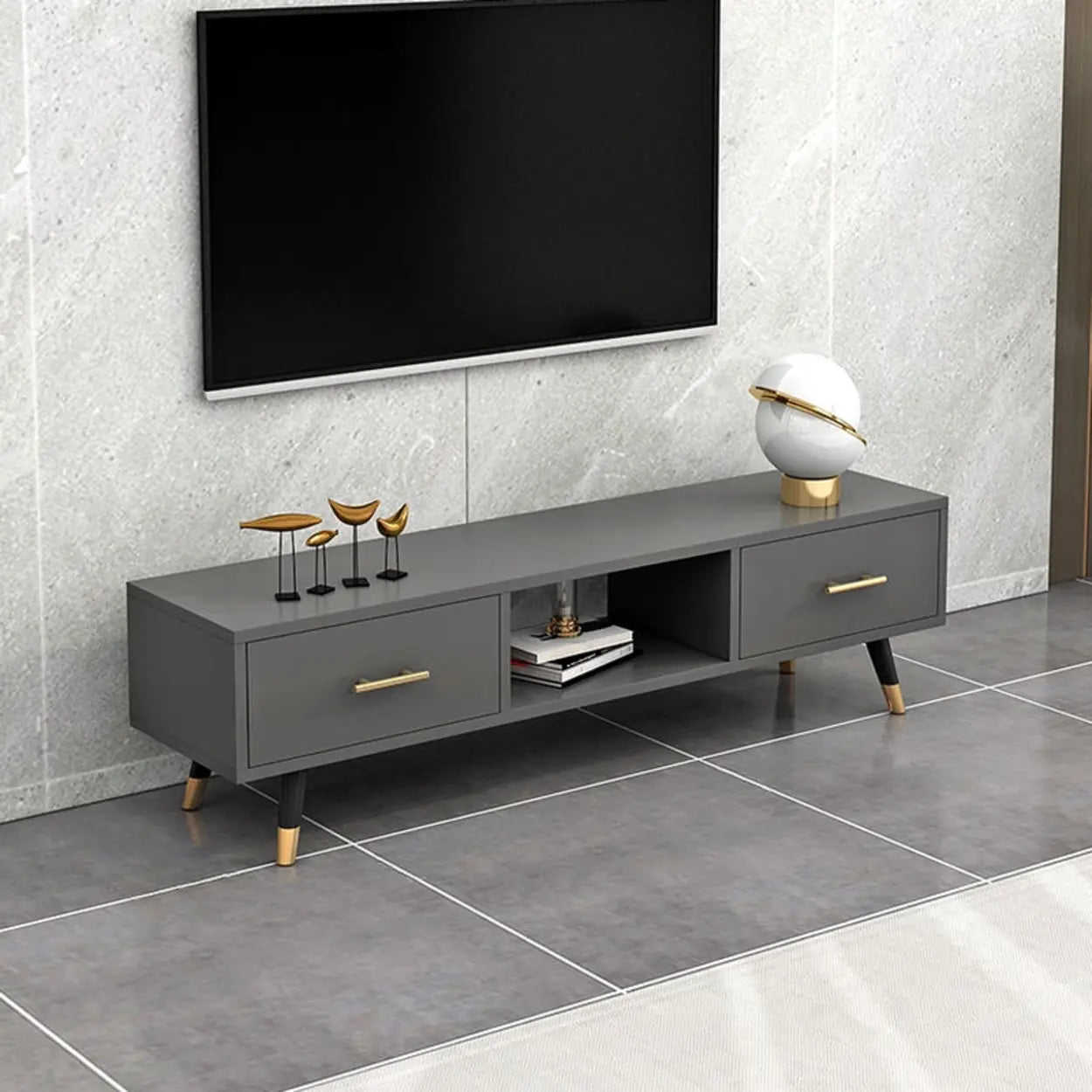 Natural-White Open Storage Drawer TV Stand — White-Black