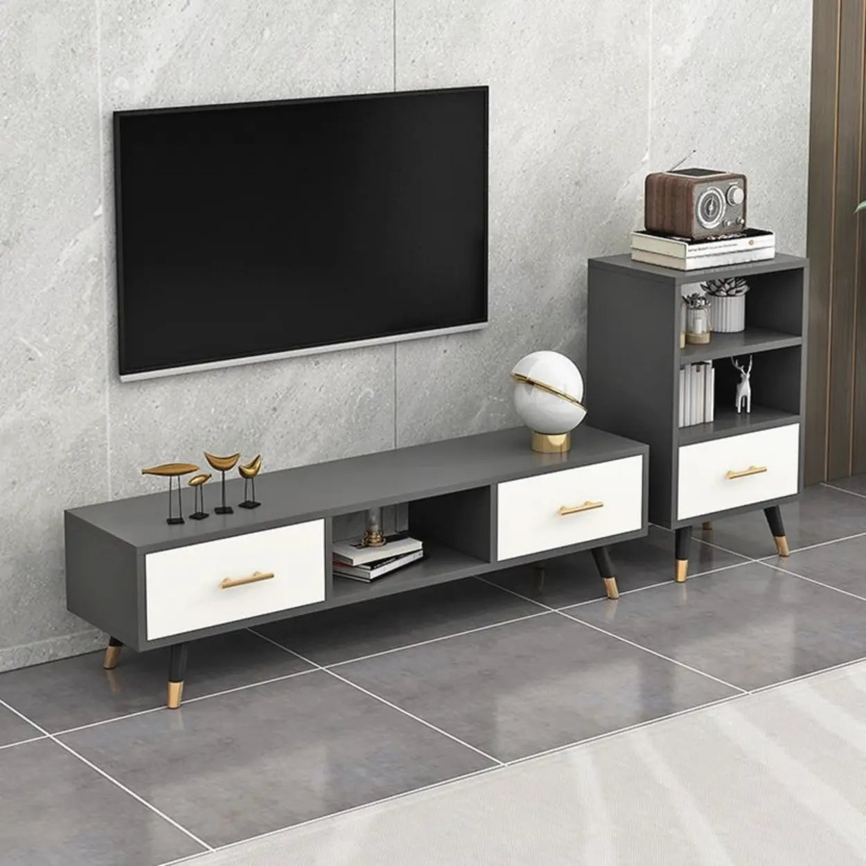 Natural-White Open Storage Drawer TV Stand — Natural/ White