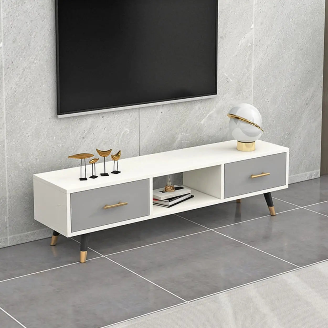 Natural-White Open Storage Drawer TV Stand — Dark Gray/ White