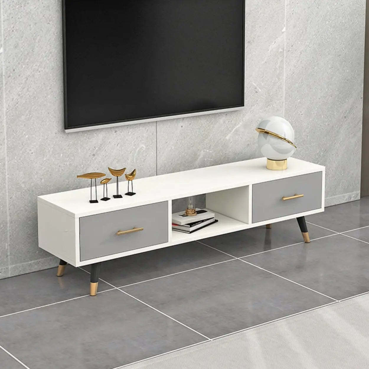 Natural-White Open Storage Drawer TV Stand — Dark Gray/ White