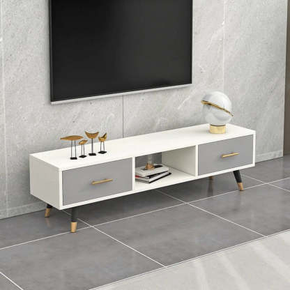 Natural-White Open Storage Drawer TV Stand — Dark Gray/ White