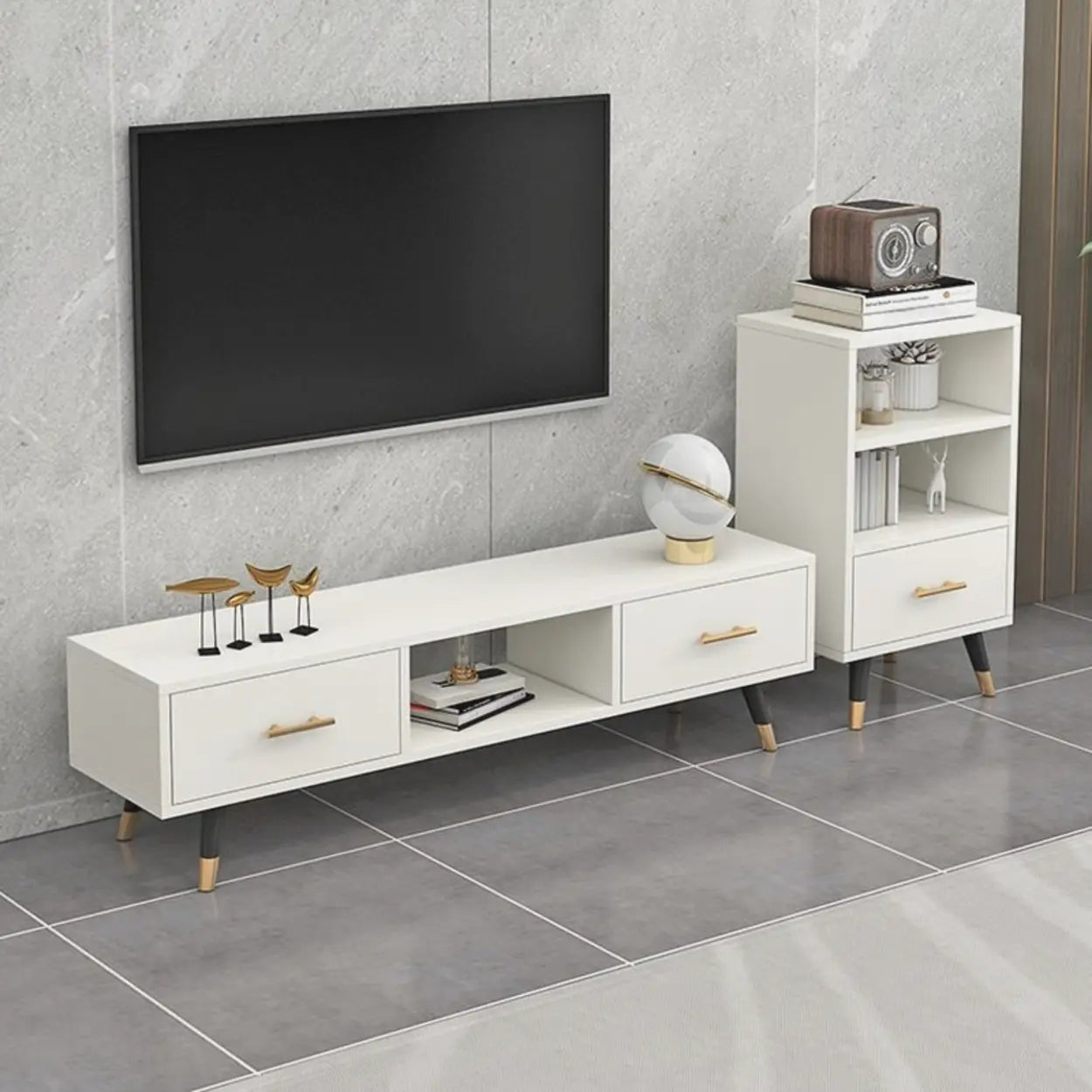 Natural-White Open Storage Drawer TV Stand — Dark Gray