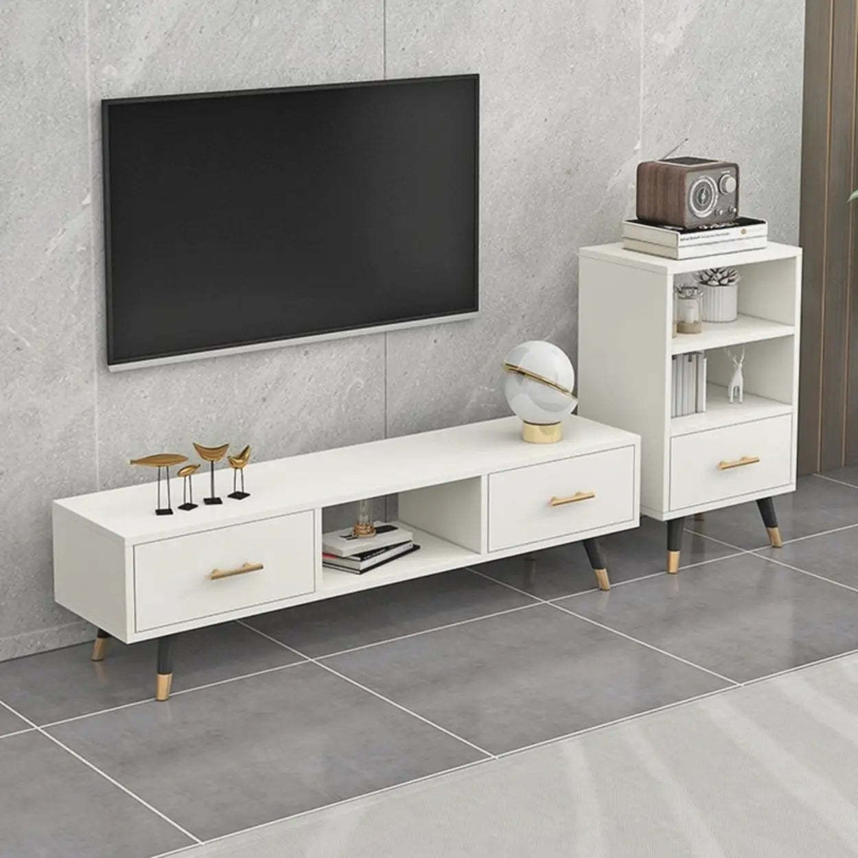 Natural-White Open Storage Drawer TV Stand — Dark Gray