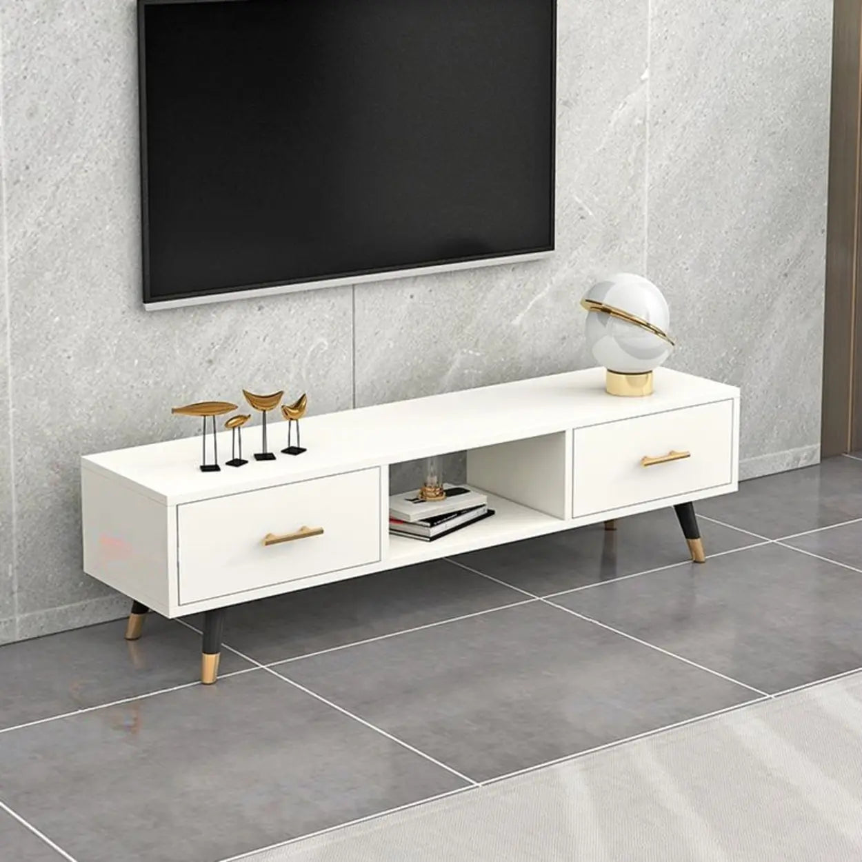 Natural-White Open Storage Drawer TV Stand — White-Blue