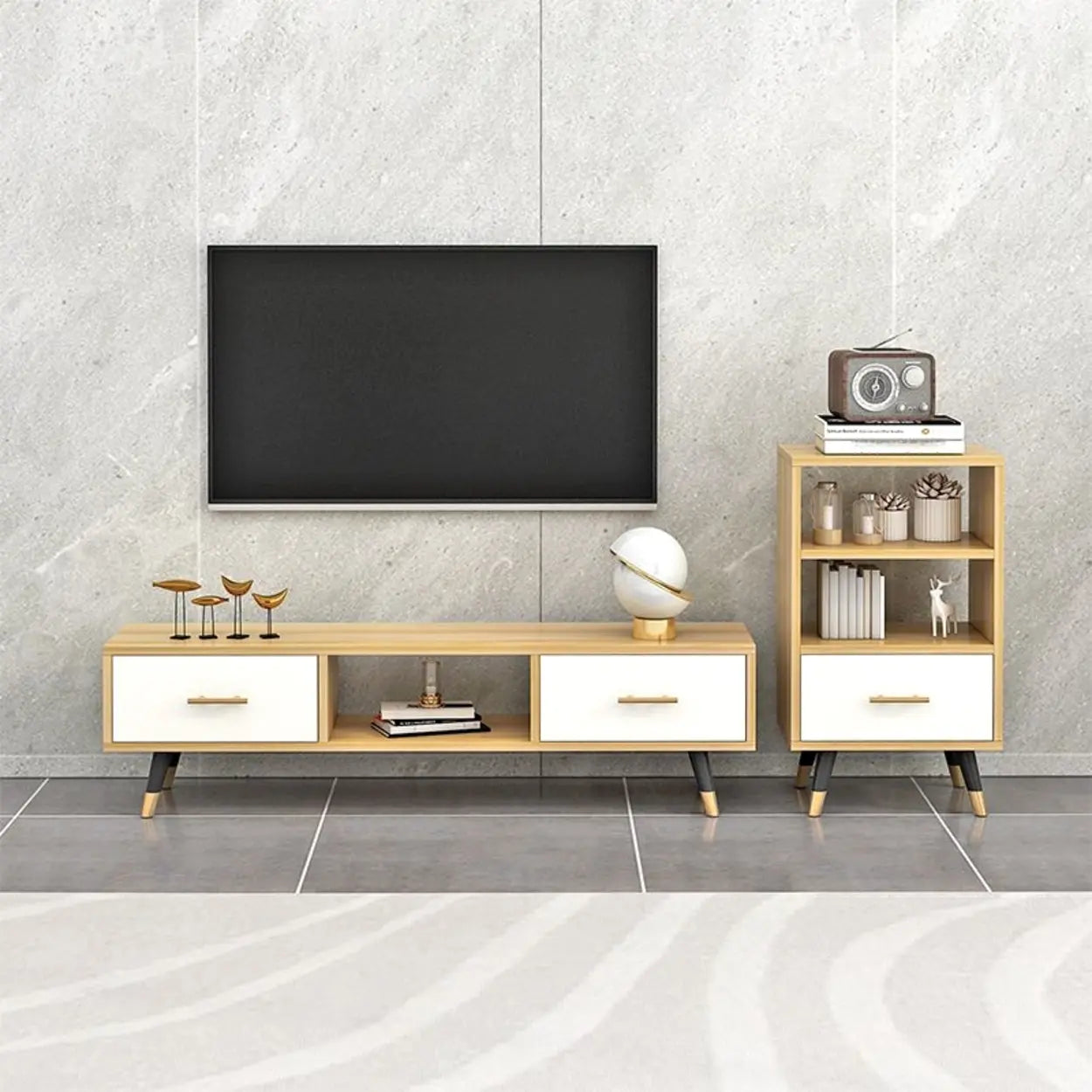 Natural-White Open Storage Drawer TV Stand