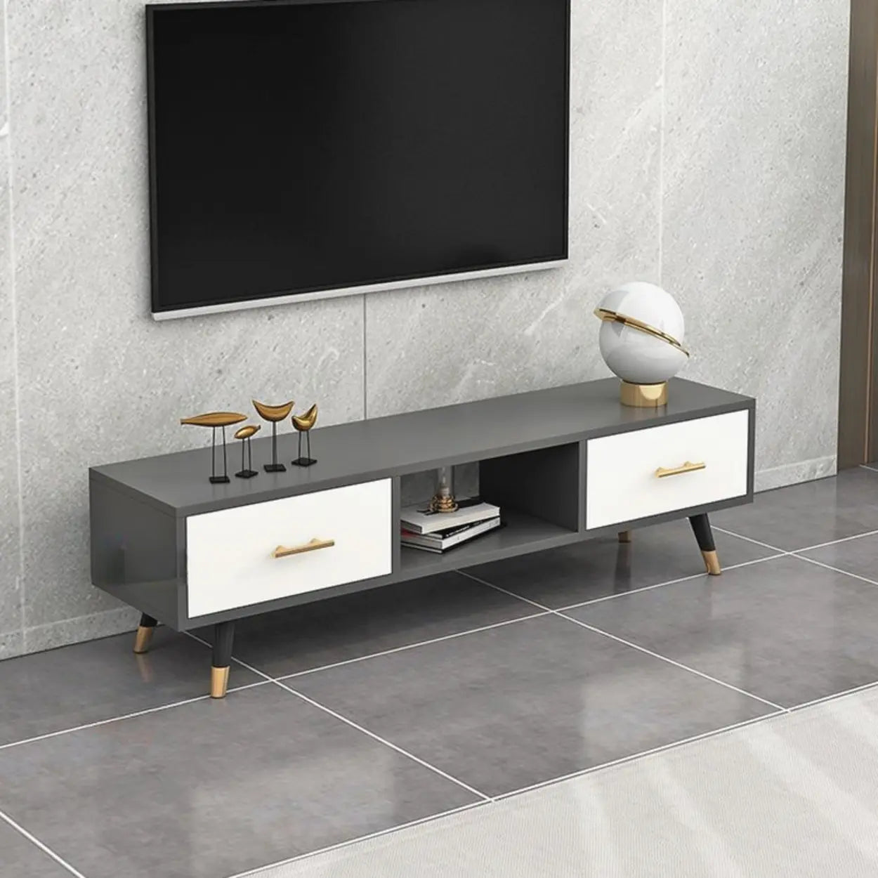 Natural-White Open Storage Drawer TV Stand
