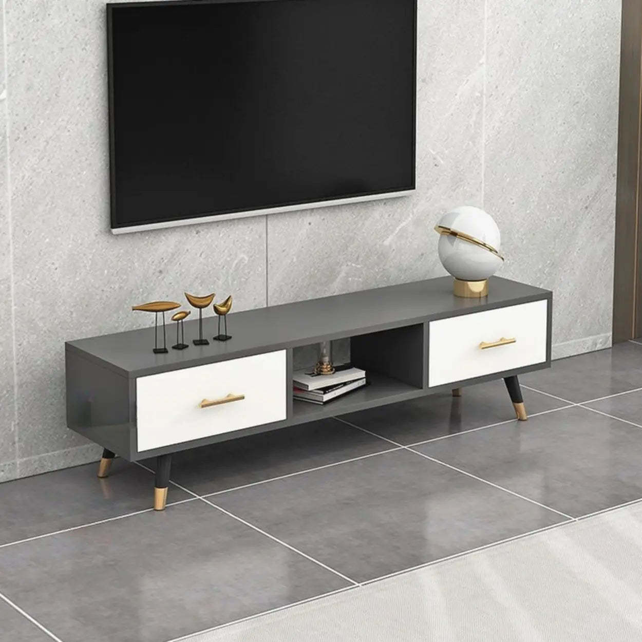 Natural-White Open Storage Drawer TV Stand