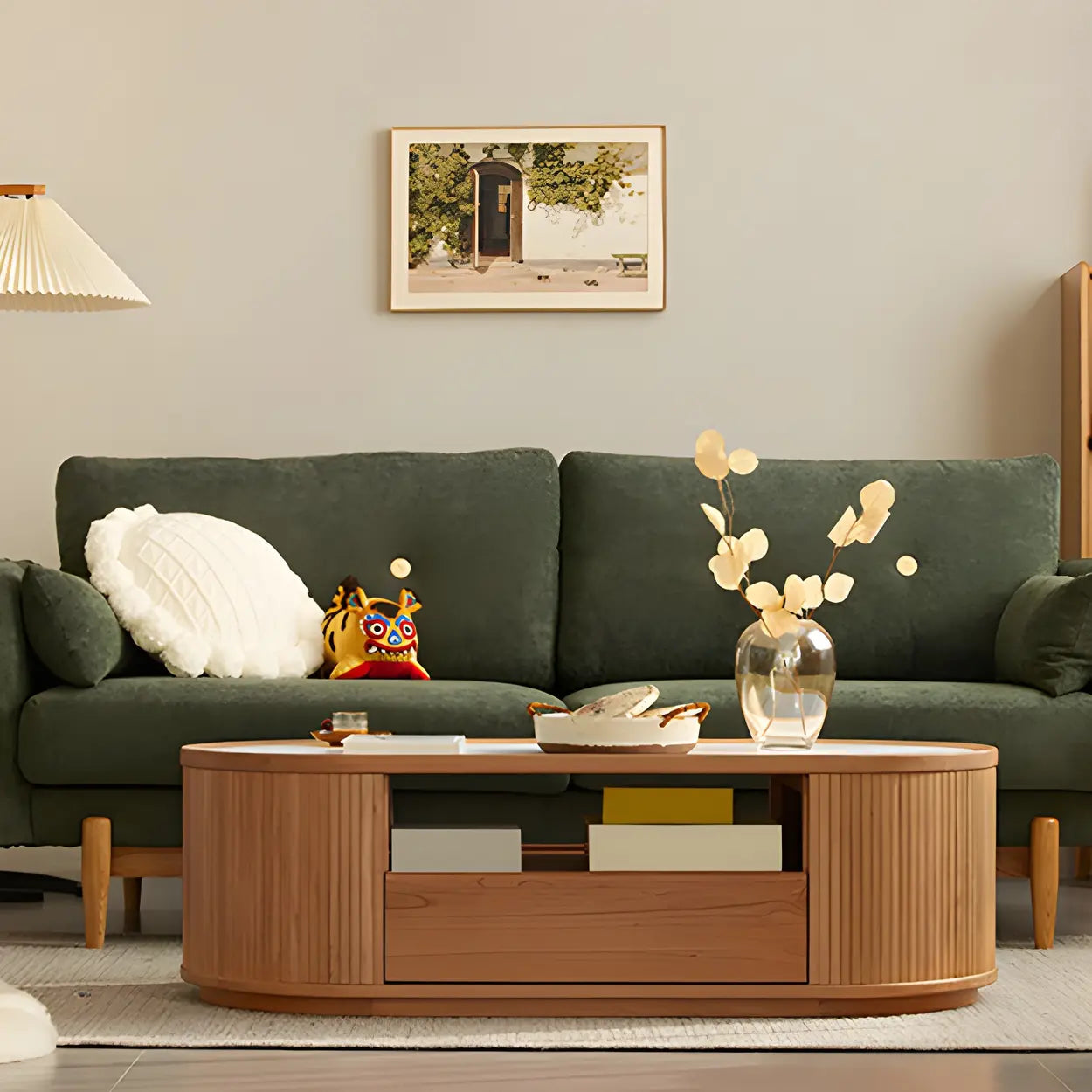Natural-White Wood Round Storage Coffee Table