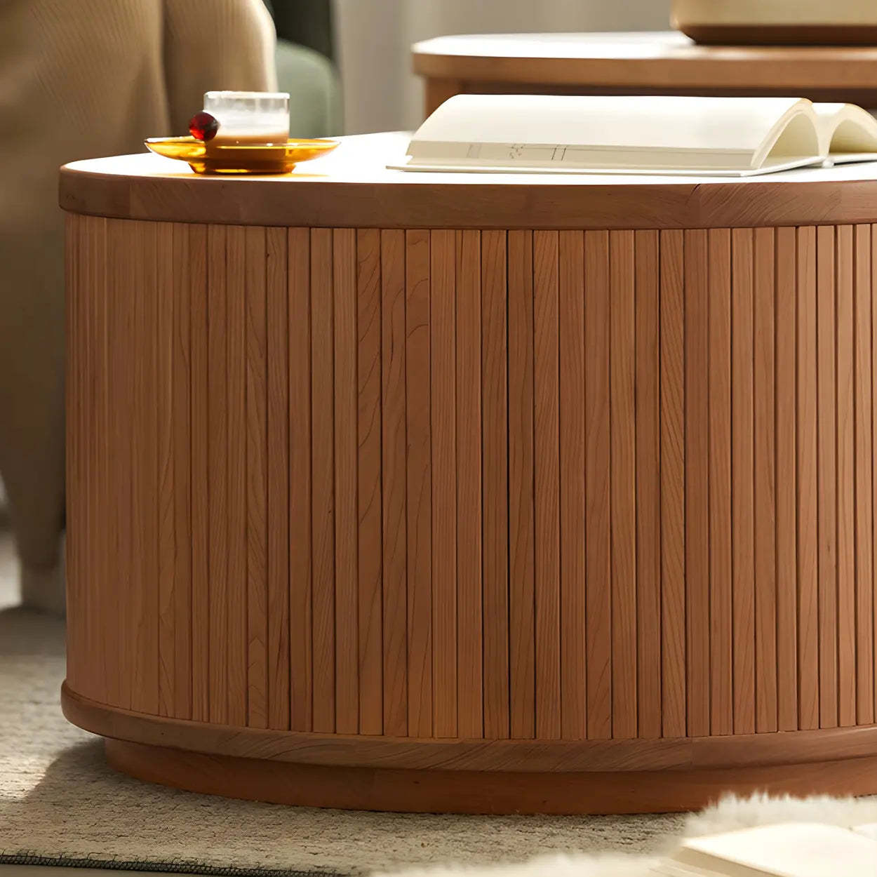 Natural-White Wood Round Storage Coffee Table