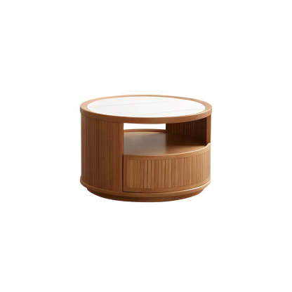 Natural-White Wood Round Storage Coffee Table