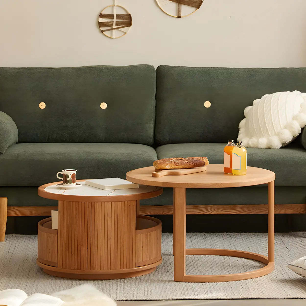 Natural-White Wood Round Storage Coffee Table