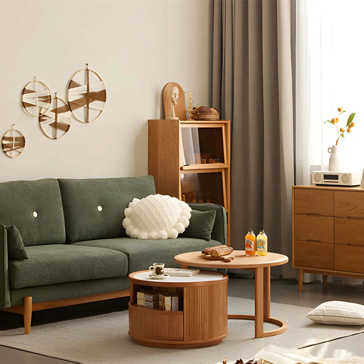 Natural-White Wood Round Storage Coffee Table