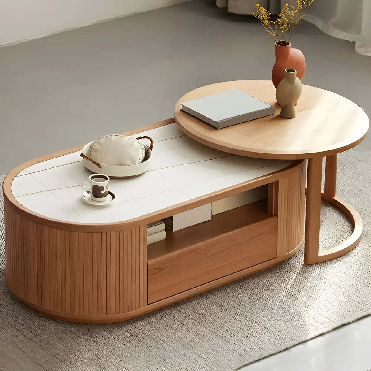 Natural-White Wood Round Storage Coffee Table