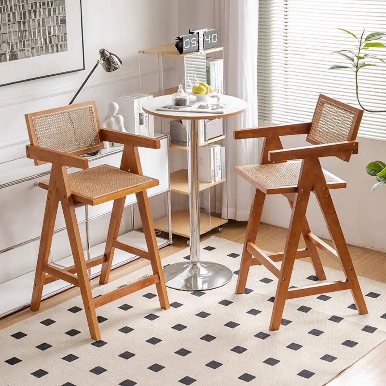 Natural Wicker Rattan Wood Square Bar Stool with Back