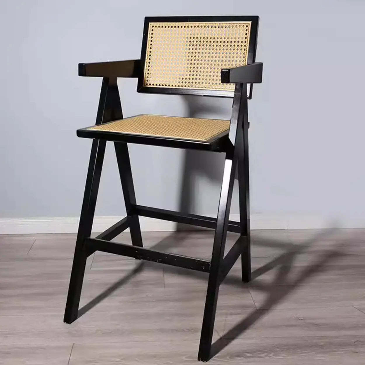 Natural Wicker Rattan Wood Square Bar Stool with Back — Nut-Brown